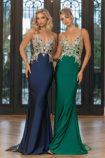 Portia And Scarlett Ps25158 Fitted Applique Long Formal Beaded Prom Dress In Green