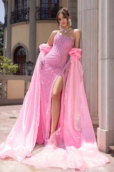 Portia And Scarlett Ps25176 Beaded Prom Long Formal Slit Evening Dress In Pink