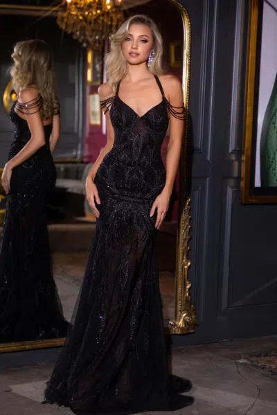 Portia And Scarlett Ps25212 Long Corset Formal Fitted Fringe Prom Dress In Black