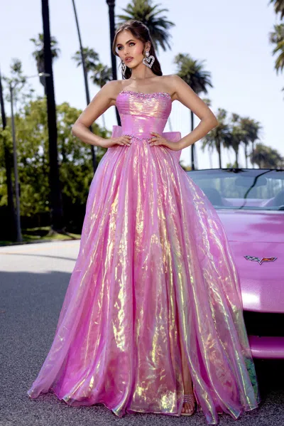 Portia And Scarlett Ps25300 Metallic Long Ball Gown Beaded Prom Dress In Pink