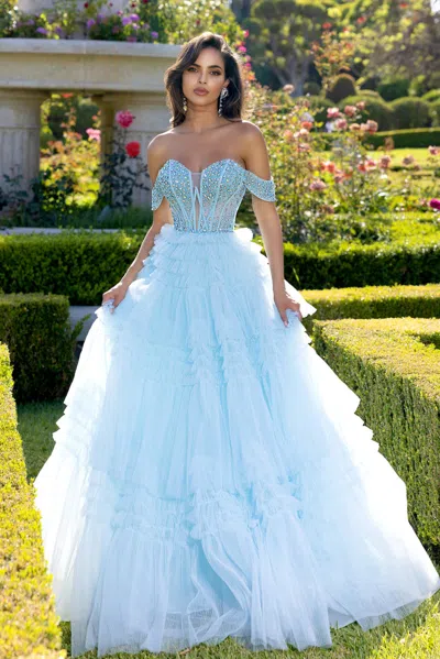 Portia And Scarlett Ps25303 Long Corset Ball Gown Beaded Prom Dress In Blue