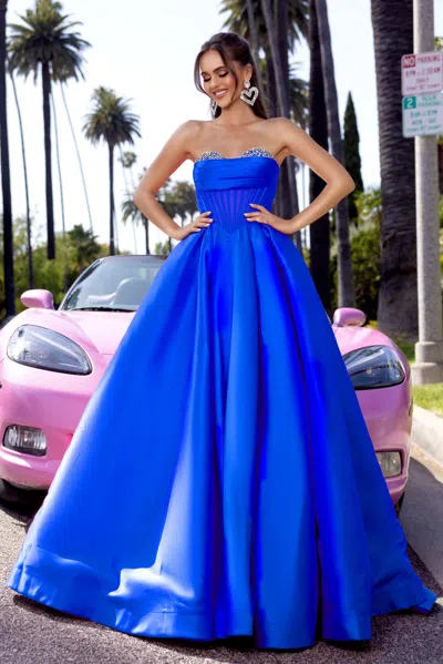 Portia And Scarlett Ps25306 Beaded Long Ball Gown Corset Prom Dress In Blue