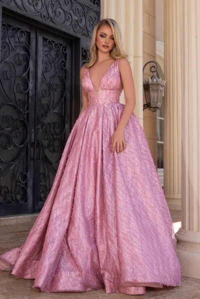 Portia And Scarlett Ps25316 Prom Long Beaded Ball Gown In Pink