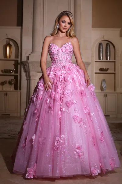 Portia And Scarlett Ps25360p Glitter Long Ball Gown Beaded Applique Prom Dress In Pink