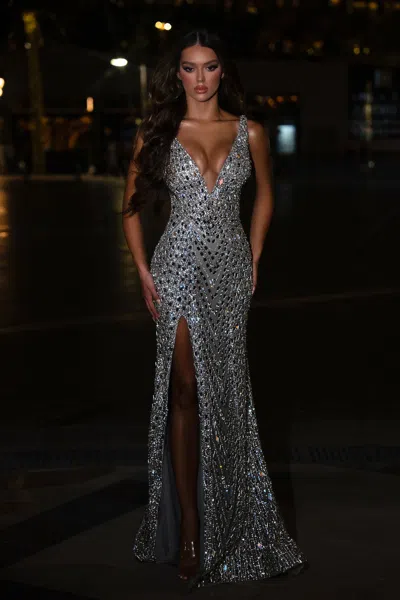 Portia And Scarlett Ps25461c Long Formal Prom Slit Dress In Silver