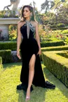 Portia And Scarlett Ps25633e Prom Long Fitted Velvet Slit Beaded Formal Dress In Black