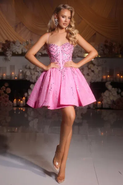 Portia And Scarlett Ps25784 Mini Short Cocktail Lace A Line Dress In Pink