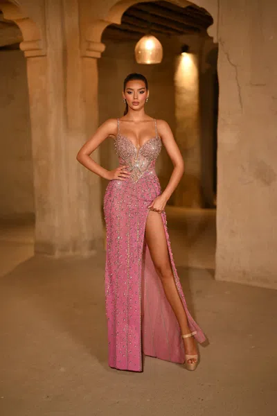 Portia And Scarlett Ps25993c Fitted Long Formal Prom Sequin Slit Dress In Pink