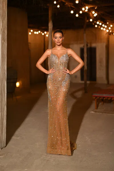 Portia And Scarlett Ps25996c Fitted Long Prom Formal Beaded Dress In Gold