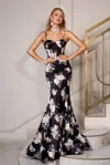 Portia And Scarlett Ps26000 Long Mermaid Formal Floral Print Prom Dress In Black