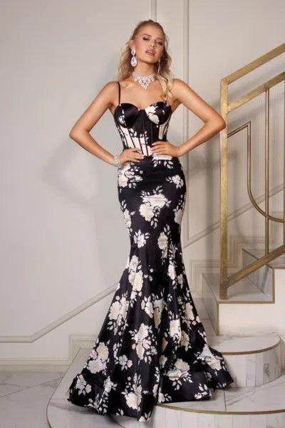 Portia And Scarlett Ps26000 Long Mermaid Formal Floral Print Prom Dress In Black