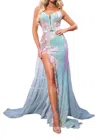 Portia And Scarlett Scalloped Plunging Prom Dress In Blue In Blue
