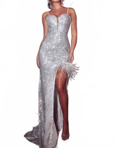 Portia And Scarlett Beaded Sweetheart Evening Gown In Silver