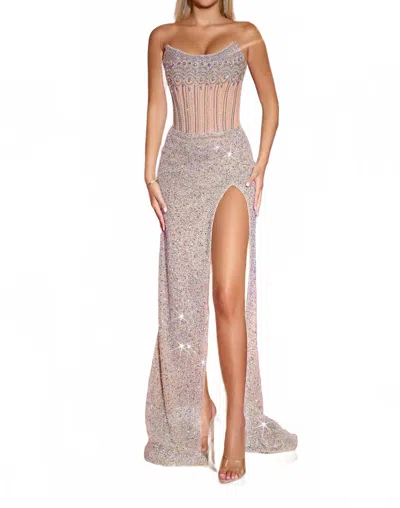 Portia And Scarlett Scoop Corset Beaded Evening Gown In Nude In Pink