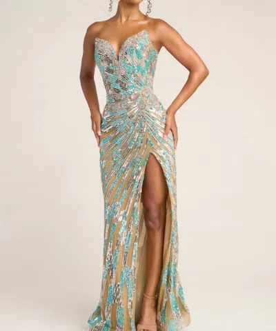 Portia And Scarlett Shimmering High-octane Glamour Gown In Nude/blue/silver In Gray