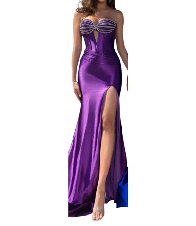 Portia And Scarlett Strapless Embellished Corset High Slit Dress In Purple
