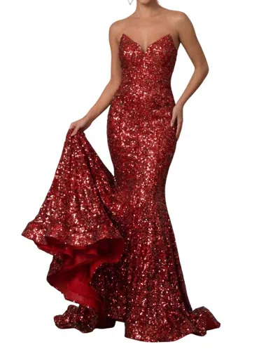 Portia And Scarlett Strapless Fully Beaded Mermaid Prom Gown In Red