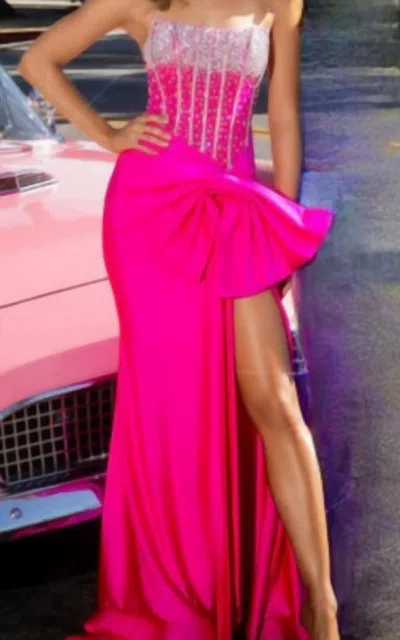 Portia And Scarlett Strapless Gown With Crystals And Detachable Bow In Hot Pink