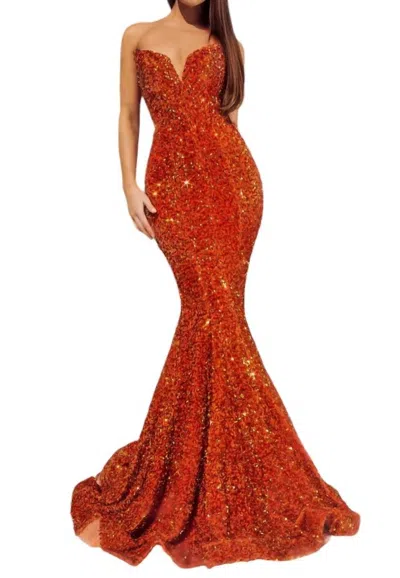 Portia And Scarlett Strapless Long Prom Dress In Burt Orange In Red