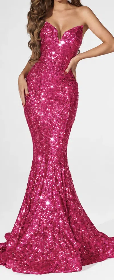 Portia And Scarlett Strapless Sequin Long Prom Gown In Hot Pink