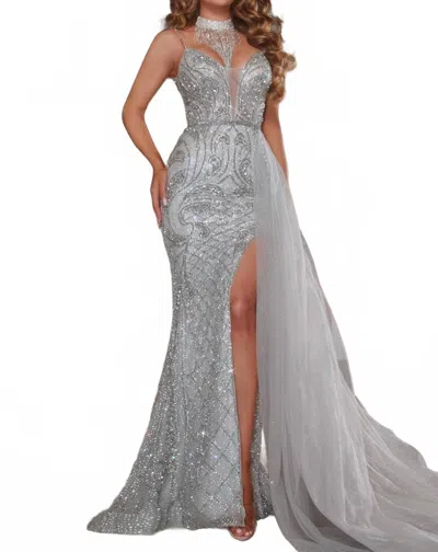 Portia And Scarlett Tailored Plunging Prom Dress In Silver In Gray