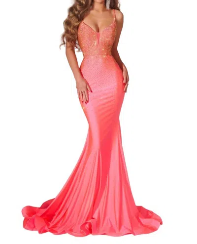 Portia And Scarlett Jeweled Cutout Back Prom Dress In Peach Coral In Pink