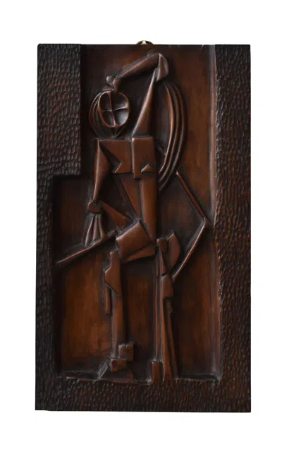 Portmanteau New York Vintage Cubist Carved Bas Relief Portrait; Circa 1940s In Brown