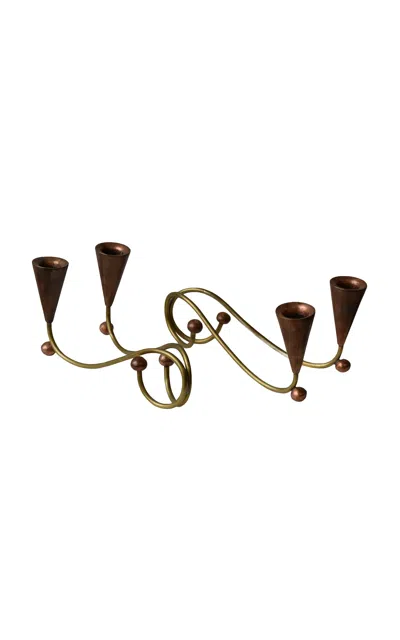 Portmanteau New York Vintage Modernist Brass + Copper Scrolling Conical Candelabras In The Style Of Los Castillos; A Pair In Multi