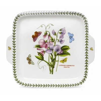 Portmeirion Botanic Garden Sq Dessert Dish W/hndl 11" In Green;pink;purple