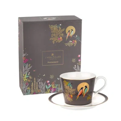 Portmeirion Sara Miller Chelsea  Sm Chelsea Collection Teacup & Saucer 8oz Dark Grey In Dark Gray