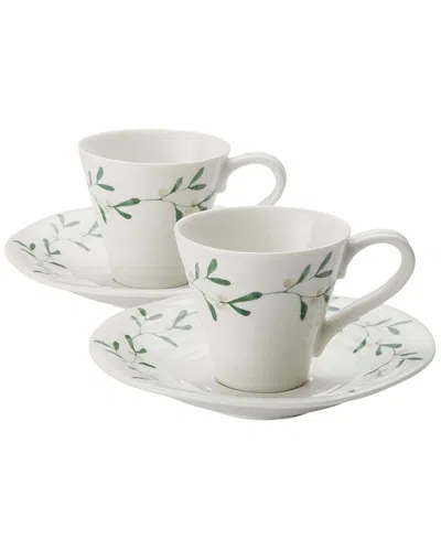 Portmeirion Set Of 2 Sophie Conran Mistletoe 3oz Espresso Cups & Saucers In White