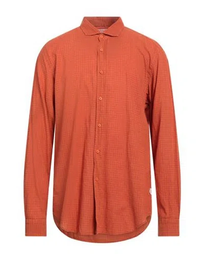 Portofiori Man Shirt Rust Size 17 Linen, Cotton In Red