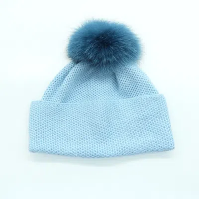 Portolano Beanie Hat With Fur Pom In Blue