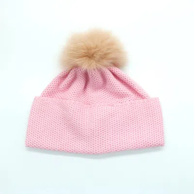Portolano Beanie Hat With Fur Pom In Pink