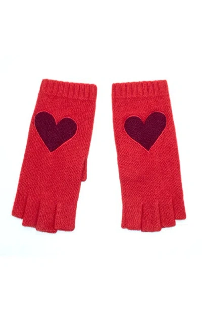 Portolano Cashmere Fingerless Gloves With Heart Patch In Red