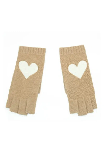 Portolano Cashmere Fingerless Gloves With Heart Patch In Brown