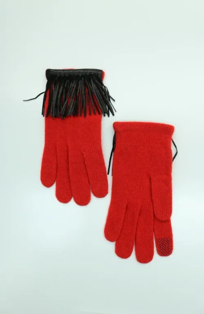 Portolano Cashmere Tech Gloves With Leather Fringes In Red