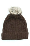 Portolano Chunky Wool Blend Beanie With Faux Fur Pompom In Brown