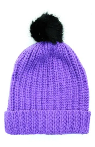 Portolano Chunky Wool Blend Beanie With Faux Fur Pompom In Purple