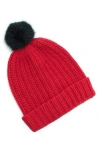 Portolano Chunky Wool Blend Beanie With Faux Fur Pompom In Red