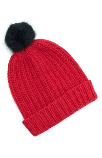Portolano Chunky Wool Blend Beanie With Faux Fur Pompom In Red