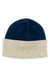 Portolano Contrast Rib Cuff Cashmere Beanie In Blue