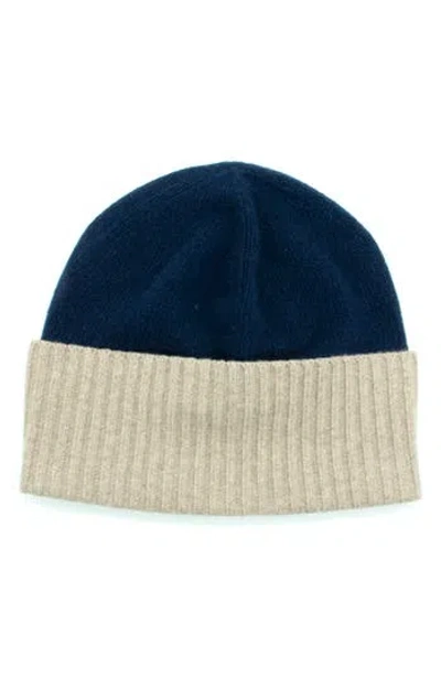 Portolano Contrast Rib Cuff Cashmere Beanie In Blue