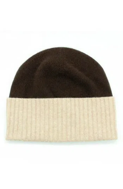 Portolano Contrast Rib Cuff Cashmere Beanie In Brown Choco/new Oatmeal