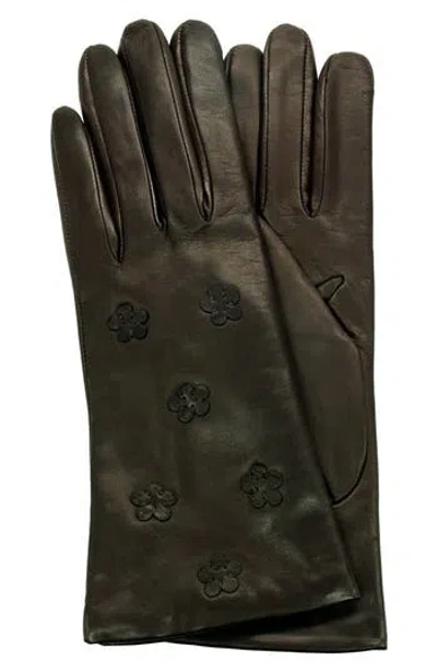 Portolano Floral Leather Gloves In Black
