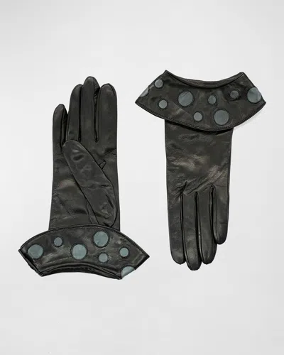 Portolano Folded Polka-dot Cuff Leather Gloves In Black/iron Grey