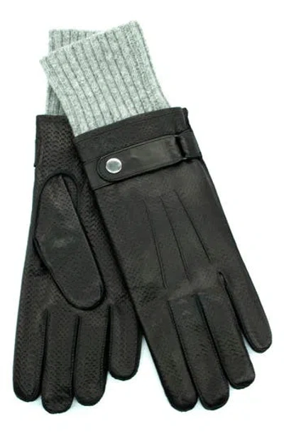 Portolano Knit Cuff Leather Gloves In Black/light Grey
