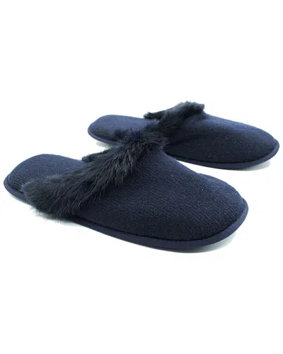 Portolano Ladies Slippers With Rabbit Fur Trim On Top In Navy