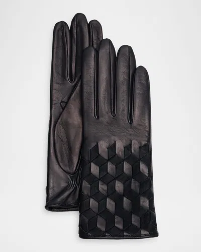 Portolano Leather Basketweave Gloves In Navy