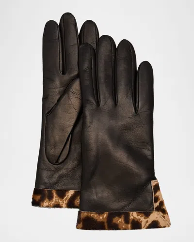 Portolano Leather Gloves W/ Cheetah-print Trim In Blk Leopard